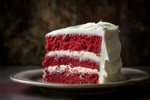 un rebanada de rojo terciopelo pastel en un plato ai generado foto