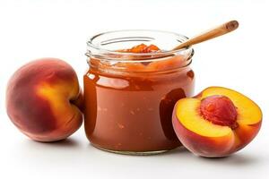 Peach jam in a jar on a white background AI Generated photo