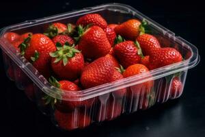 Strawberries in a plastic container on a dark surface AI Generated photo