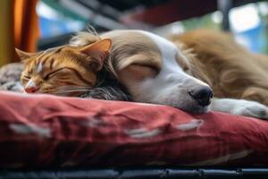 a cat and a dog sleeping on a bed AI Generated photo