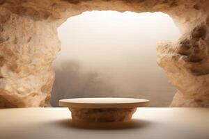 empty cave with a podium platform in the middle of it photo