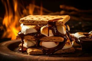 A stack of s'mores with chocolate and marshmallows AI Generated photo