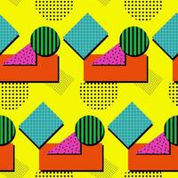 Abstract flat shapes pattern in memphis style. Geometrical shapes in vibrant colors with texture on bright yellow color. Retro geometric design. Perfect for decoration, textile, wrapping, decor vector