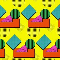 Abstract flat shapes pattern in memphis style. Geometrical shapes in vibrant colors with texture on bright yellow color. Retro geometric design. Perfect for decoration, textile, wrapping, decor vector