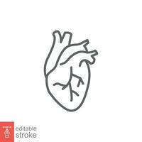 Human heart icon. Simple outline style. Internal organ, real, cardiology, cardiac anatomy, medical concept. Thin line symbol. Vector illustration isolated on white background. Editable stroke EPS 10.