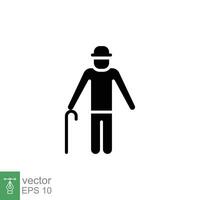 Old man icon. Simple solid style. Person with cane, stick, elder age, grandfather, senior people concept. Black silhouette, glyph symbol. Vector illustration isolated on white background. EPS 10.