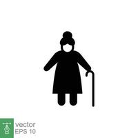 Old woman icon. Simple solid style. Person with cane, stick, elder age, lady, granny, senior people concept. Black silhouette, glyph symbol. Vector illustration isolated on white background. EPS 10.