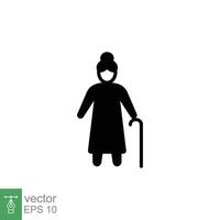 Old woman icon. Simple solid style. Person with cane, stick, elder age, lady, granny, senior people concept. Black silhouette, glyph symbol. Vector illustration isolated on white background. EPS 10.