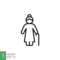 Old woman icon. Simple outline style. Person with cane, stick, elder age, lady, granny, senior people concept. Thin line symbol. Vector illustration isolated on white background. EPS 10.