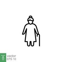 Old woman icon. Simple outline style. Person with cane, stick, elder age, lady, granny, senior people concept. Thin line symbol. Vector illustration isolated on white background. EPS 10.