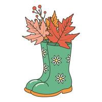 Retro groovy rubber boots with cute white daisies and autumn leaves. Cartoon garden, autumn concept. Vintage sticker