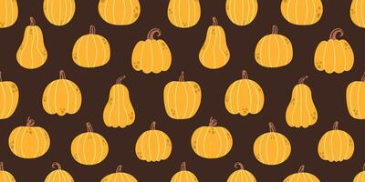 Vector autumn seamless pattern with pumpkins. Yellow autumn pumpkins on dark brown background. Thanksgiving seamless pattern in flat design. Fall print with cute pumpkins.