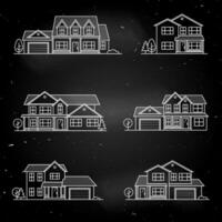 Set of vector thin line icon suburban american houses.