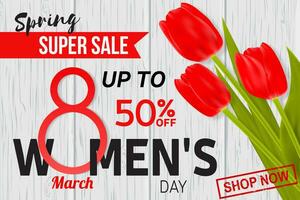 Womens Day sale design for web banner, flyer or background composition with red tulips. vector