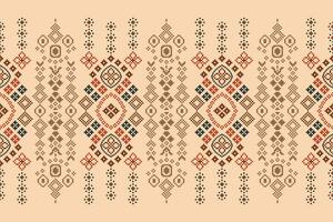 Ethnic geometric fabric pattern Cross Stitch.Ikat embroidery Ethnic oriental Pixel pattern brown cream background. Abstract,vector,illustration. Texture,clothing,frame,motifs,silk wallpaper. vector