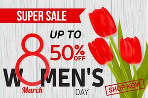 Womens Day sale design for web banner, flyer or background composition with red tulips. vector