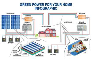 panel solar y sistema de generación de energía eólica para infografía doméstica. vector