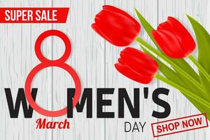 Womens Day sale design for web banner, flyer or background composition with red tulips. vector