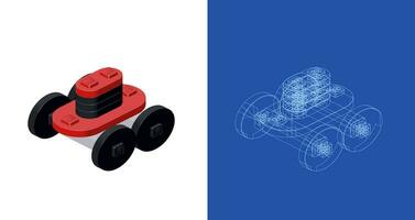 Concept with lawn mower robot in isometric style for print and design. Vector illustration.