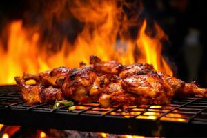 Grilled chicken on a grill with flames AI Generated photo