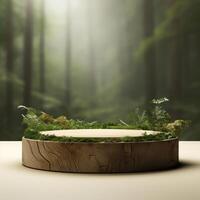 wooden podium with moss on it in a forest AI Generative photo