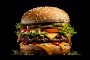 large hamburger on a black background AI Generative photo