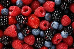 A close up of raspberries, blueberries and blackberries AI Generated photo