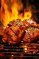 Grilled chicken on a grill with flames AI Generated photo