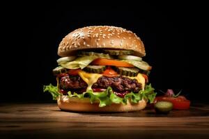 un grande hamburguesa con lechuga, Tomates y pepinillos en un oscuro antecedentes ai generado foto