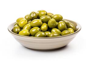 a bowl of green olives on a white background AI Generative photo