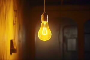 a yellow light bulb hanging from a wall AI Generative photo