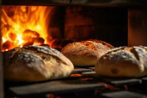 A group of breads sitting in an oven with a fire in the background AI Generated photo