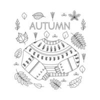 Leaves, knitted sweater. Hello autumn. Autumn season element, icon. Line art. vector