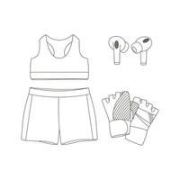 Sports top, shorts, sportswear, headphone. Sport equipment. Fitness inventory. Line art. vector