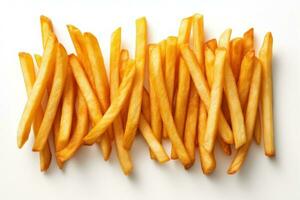 top view of a pile of french fries on a white background AI Generative photo