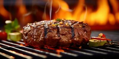 A steak is being cooked on a grill in front of flames AI Generated photo