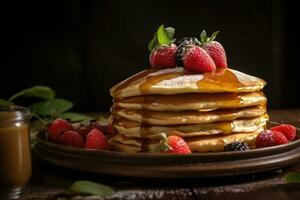 A stack of pancakes with syrup and berries on a plate AI Generated photo