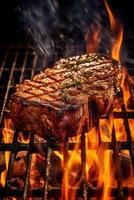 un carne de vaca filete es siendo cocido en un parrilla con fuego llamas ai generativo foto