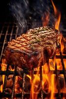 a beef steak is being cooked on a grill with fire flames AI Generative photo