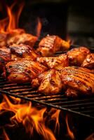 Grilled chicken on a grill with flames AI Generated photo