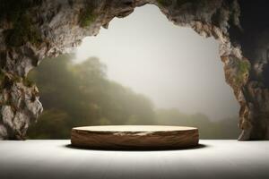 wooden podium platform in the middle of a cave AI Generative photo