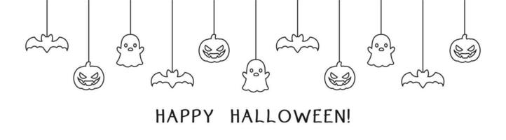 Happy Halloween banner or border with bats, spider web, ghost and jack o lantern pumpkins outline doodle. Hanging Spooky Ornaments Decoration Vector illustration, trick or treat party invitation