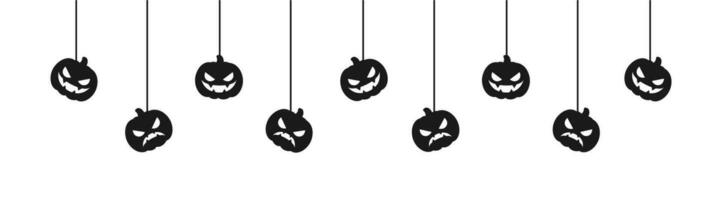 Happy Halloween banner or border with jack o lantern pumpkins. Hanging Spooky Ornaments Decoration Vector illustration, trick or treat party invitation