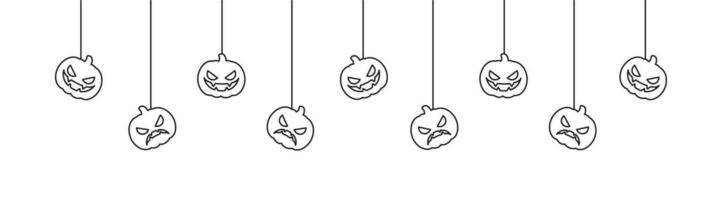Happy Halloween banner or border with jack o lantern pumpkins outline doodle. Hanging Spooky Ornaments Decoration Vector illustration, trick or treat party invitation