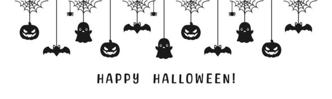Happy Halloween banner or border with black bats, spider web, ghost and jack o lantern pumpkins. Hanging Spooky Ornaments Decoration Vector illustration, trick or treat party invitation
