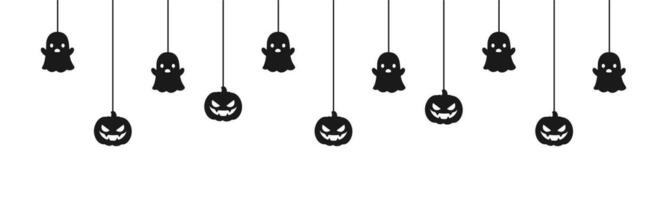 Happy Halloween banner or border with black ghost and jack o lantern pumpkins. Hanging Spooky Ornaments Decoration Vector illustration, trick or treat party invitation