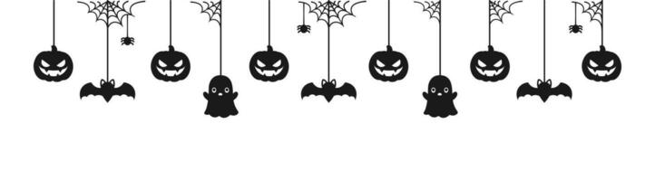 Happy Halloween banner or border with black bats, spider web, ghost and jack o lantern pumpkins. Hanging Spooky Ornaments Decoration Vector illustration, trick or treat party invitation