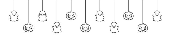 Happy Halloween banner or border with ghost and jack o lantern pumpkins outline doodle. Hanging Spooky Ornaments Decoration Vector illustration, trick or treat party invitation