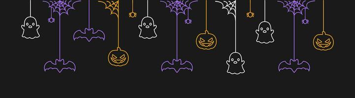 Happy Halloween banner or border with bats, ghost and jack o lantern pumpkins. Glowing Hanging Spooky Ornaments Decoration Vector illustration, trick or treat party invitation