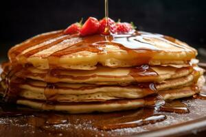 A stack of pancakes with syrup and berries on a plate AI Generated photo